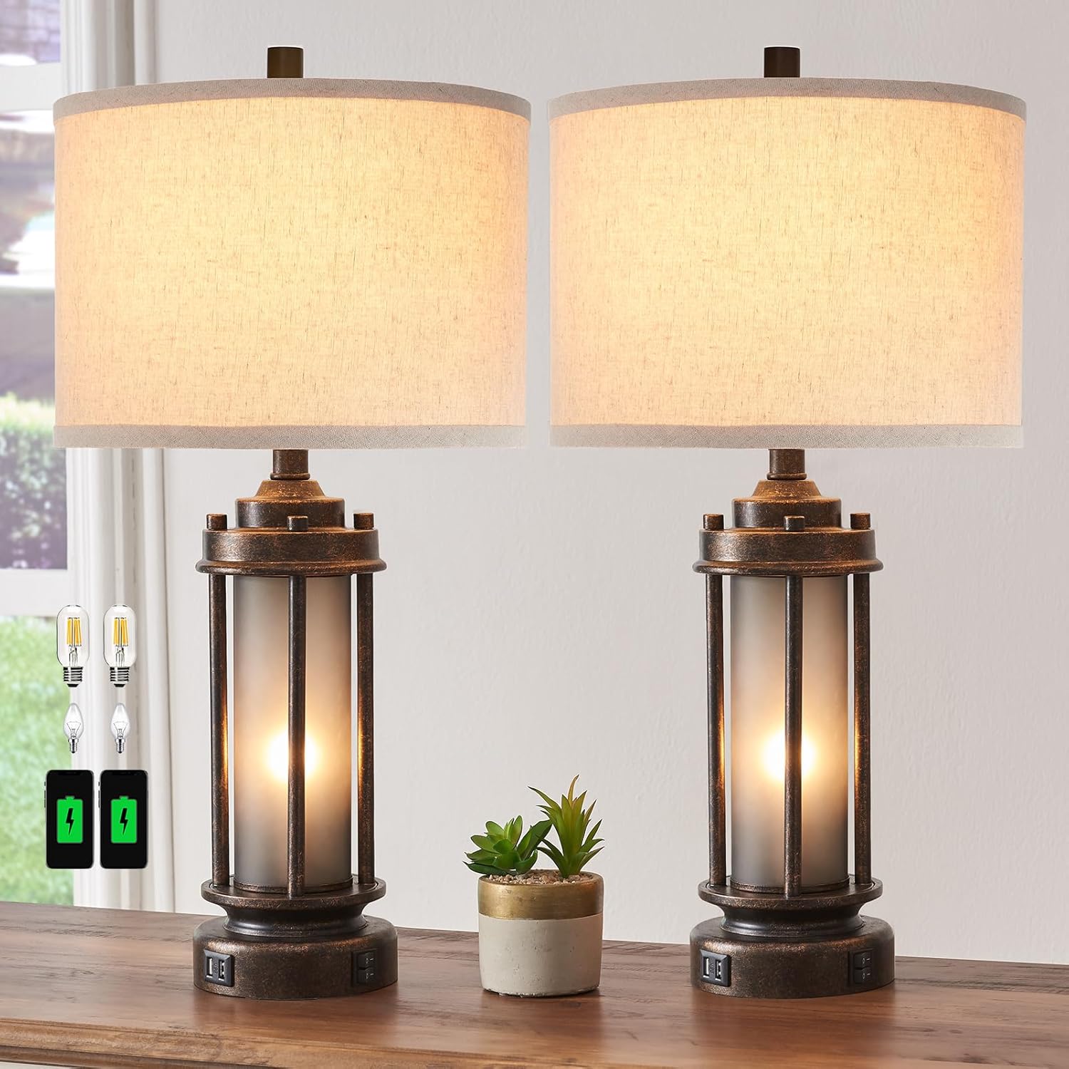 Set of 2 Farmhouse Lamps with  - Solar Lamp 评论和价格